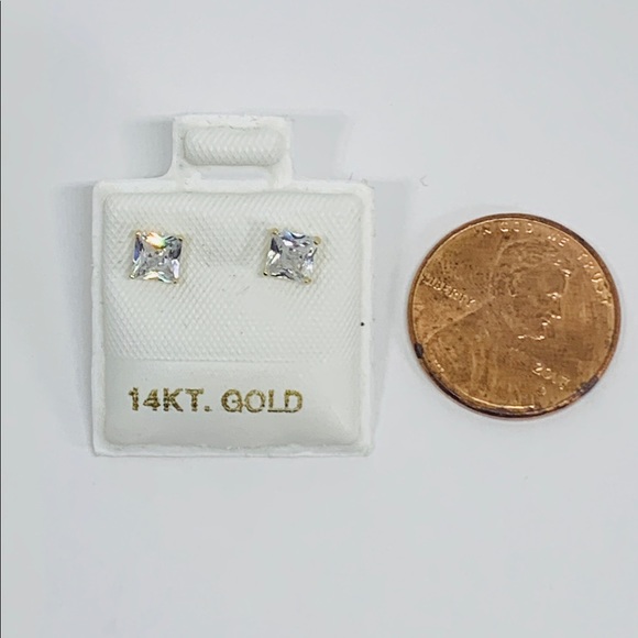 14k Solid Gold Studs Earrings 4mm Princess Cut